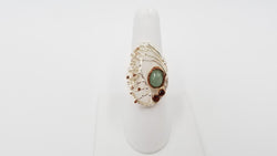 AQUAMARINE ( CABOCHON ) W/ GARNETS STERLING SILVER TWO TONE RING