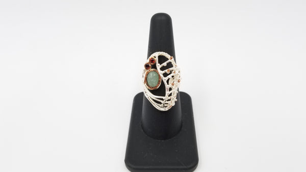 AQUAMARINE ( CABOCHON ) W/ GARNETS STERLING SILVER TWO TONE RING