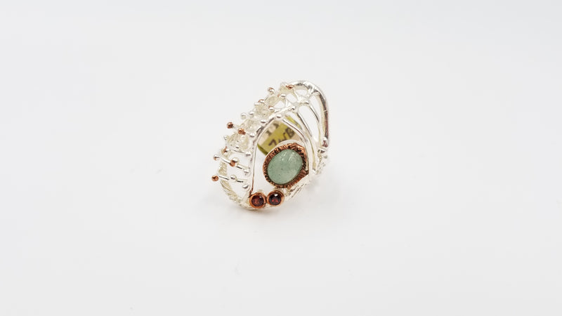 AQUAMARINE ( CABOCHON ) W/ GARNETS STERLING SILVER TWO TONE RING