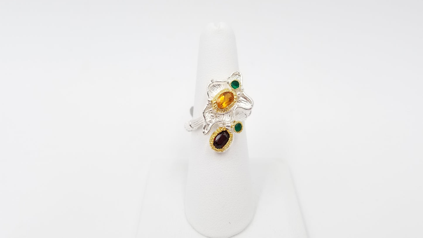 CITRINE / GARNETS W/ GREEN ONYX TWO TONE STERLING SILVER RING