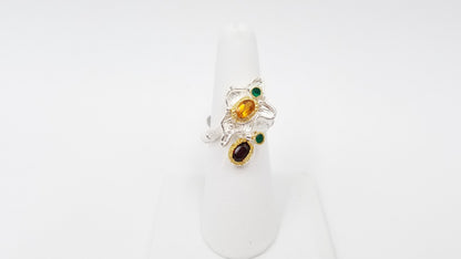 CITRINE / GARNETS W/ GREEN ONYX TWO TONE STERLING SILVER RING