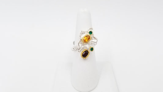 CITRINE / GARNETS W/ GREEN ONYX TWO TONE STERLING SILVER RING