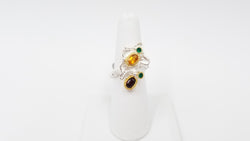 CITRINE / GARNETS W/ GREEN ONYX TWO TONE STERLING SILVER RING