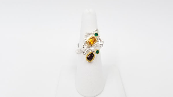 CITRINE / GARNETS W/ GREEN ONYX TWO TONE STERLING SILVER RING