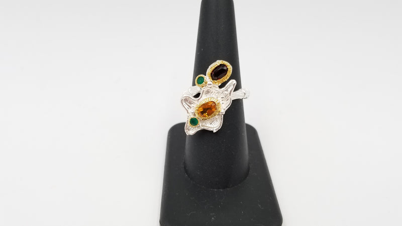 CITRINE / GARNETS W/ GREEN ONYX TWO TONE STERLING SILVER RING