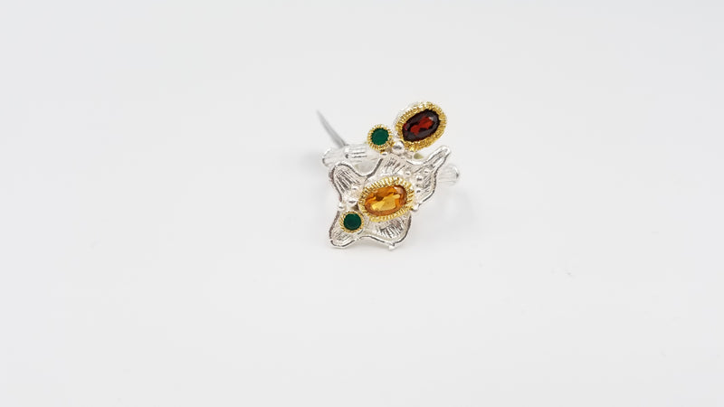 CITRINE / GARNETS W/ GREEN ONYX TWO TONE STERLING SILVER RING