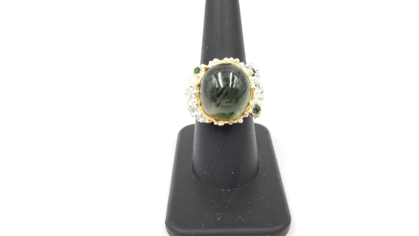PREHNITE W/ EMERALD STERLING SILVER TWO TONE ( GOLD PLATED ) RING