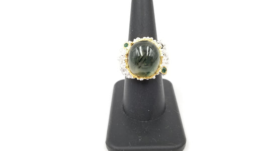 PREHNITE W/ EMERALD STERLING SILVER TWO TONE ( GOLD PLATED ) RING