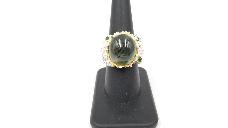 PREHNITE W/ EMERALD STERLING SILVER TWO TONE ( GOLD PLATED ) RING