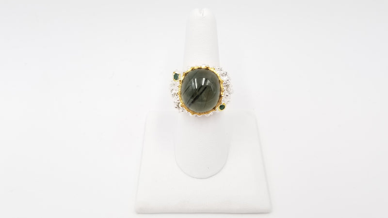 PREHNITE W/ EMERALD STERLING SILVER TWO TONE ( GOLD PLATED ) RING