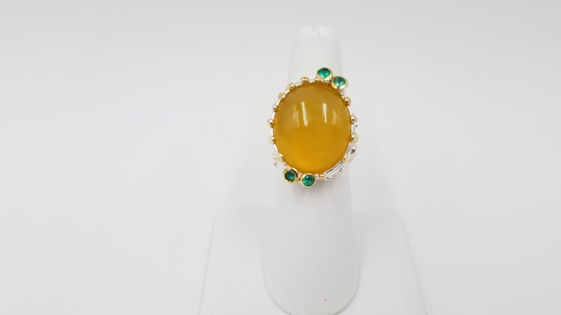 YELLOW OPAL W/ GREEN ONYX STERLING SILVER RING