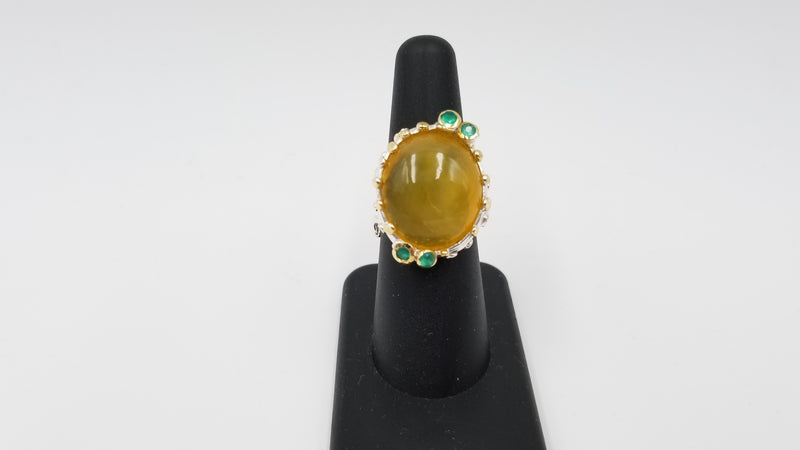 YELLOW OPAL W/ GREEN ONYX STERLING SILVER RING