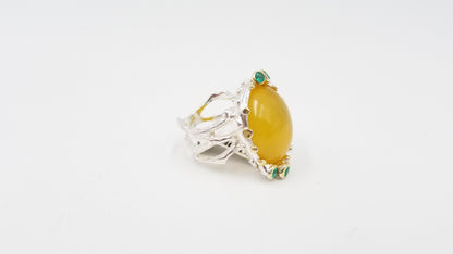 YELLOW OPAL W/ GREEN ONYX STERLING SILVER RING