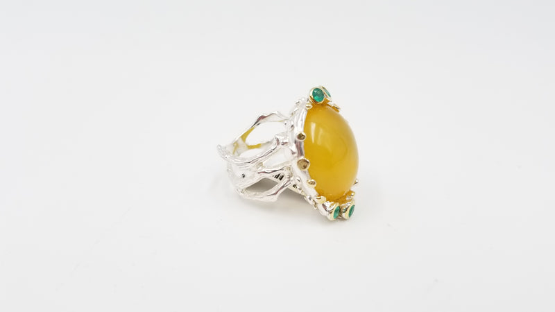 YELLOW OPAL W/ GREEN ONYX STERLING SILVER RING