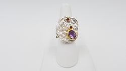 AMETHYST W/ RHODOLITE GARNETS STERLING SILVER TWO TONE ( GOLD PLATED ) RING