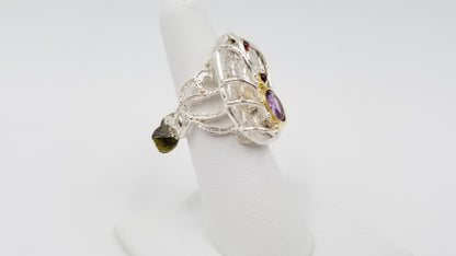 AMETHYST W/ RHODOLITE GARNETS STERLING SILVER TWO TONE ( GOLD PLATED ) RING
