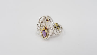 AMETHYST W/ RHODOLITE GARNETS STERLING SILVER TWO TONE ( GOLD PLATED ) RING