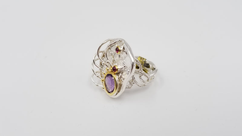 AMETHYST W/ RHODOLITE GARNETS STERLING SILVER TWO TONE ( GOLD PLATED ) RING