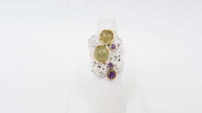GREEN MALL GARNET W/ AMETHYSTS STERLING SILVER TWO TONE RING