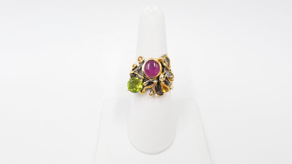 RUBY ( CABOCHON ) WITH MULTI COLORED STONE STERLING SILVER TWO TONE RING