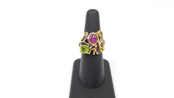 RUBY ( CABOCHON ) WITH MULTI COLORED STONE STERLING SILVER TWO TONE RING