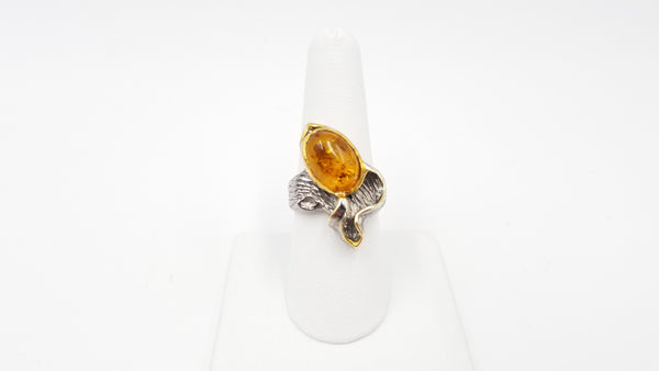 AMBER STERLING SILVER TWO TONE RING