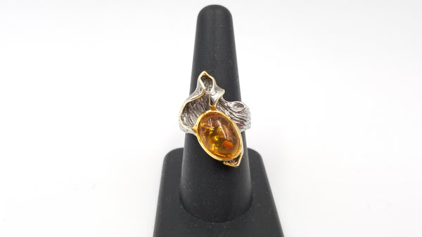 AMBER STERLING SILVER TWO TONE RING