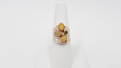OPAL ( ETHIOPIAN ) W/ EMERALD STERLING SILVER TWO TONE RING