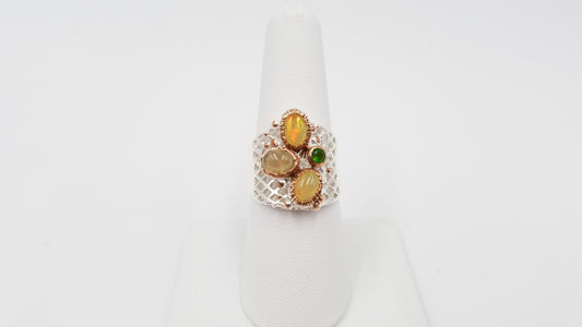 OPAL ( ETHIOPIAN ) W/ EMERALD STERLING SILVER TWO TONE RING