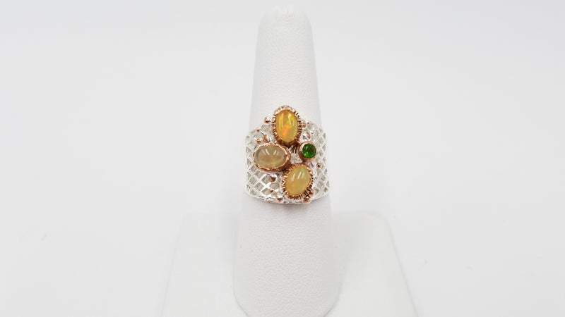 OPAL ( ETHIOPIAN ) W/ EMERALD STERLING SILVER TWO TONE RING