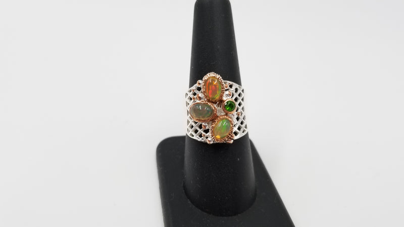 OPAL ( ETHIOPIAN ) W/ EMERALD STERLING SILVER TWO TONE RING