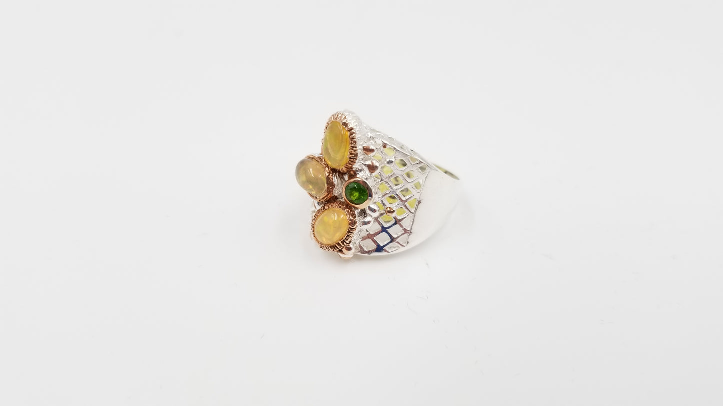 OPAL ( ETHIOPIAN ) W/ EMERALD STERLING SILVER TWO TONE RING