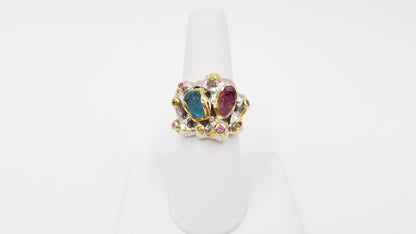 APETITE / PINK TOUMALINE W/ COLORED SAPPHIRES STERLING SILVER TWO TONE RING