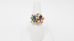 APETITE / PINK TOUMALINE W/ COLORED SAPPHIRES STERLING SILVER TWO TONE RING