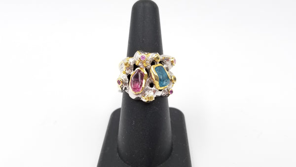 APETITE / PINK TOUMALINE W/ COLORED SAPPHIRES STERLING SILVER TWO TONE RING