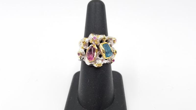 APETITE / PINK TOUMALINE W/ COLORED SAPPHIRES STERLING SILVER TWO TONE RING