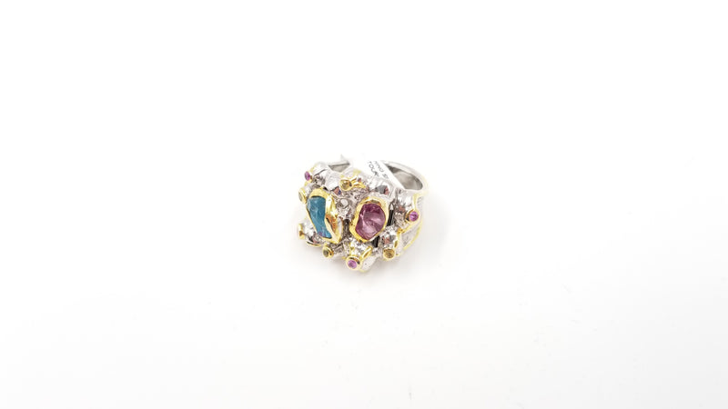 APETITE / PINK TOUMALINE W/ COLORED SAPPHIRES STERLING SILVER TWO TONE RING