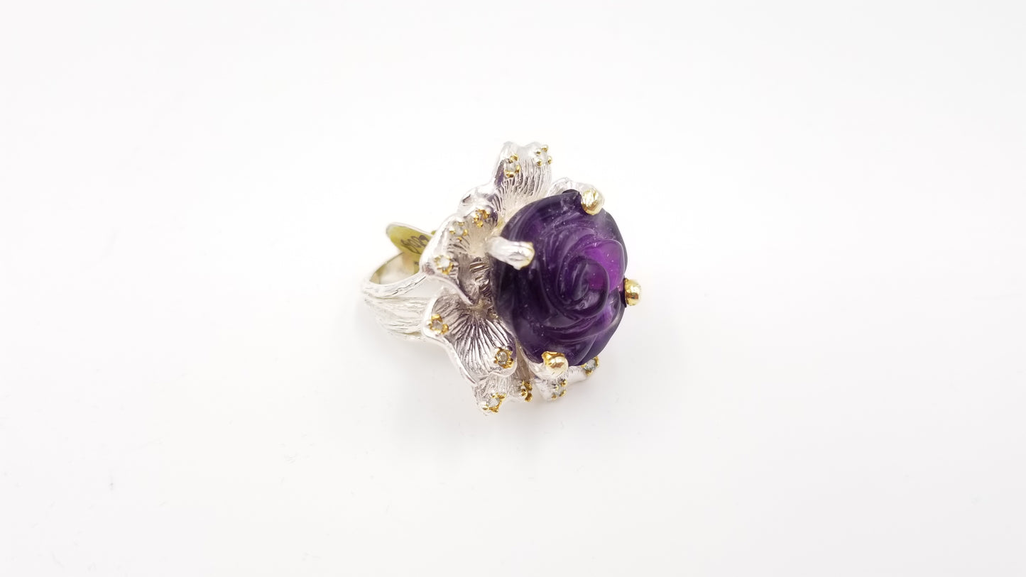 AMETHYST ( FLOWER CUT ) STERLING SILVER RING
