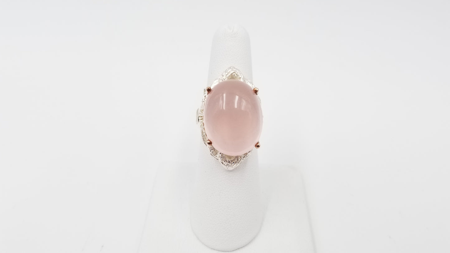 ROSE QUARTZ ( CABOCHON ) STERLING SILVER TWO TONE RING