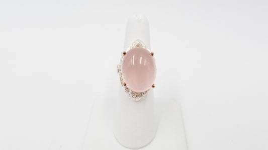 ROSE QUARTZ ( CABOCHON ) STERLING SILVER TWO TONE RING