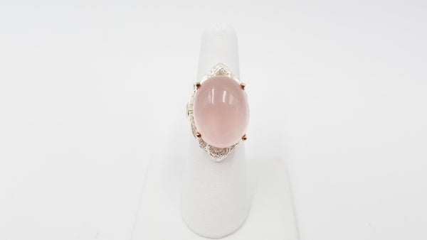 ROSE QUARTZ ( CABOCHON ) STERLING SILVER TWO TONE RING