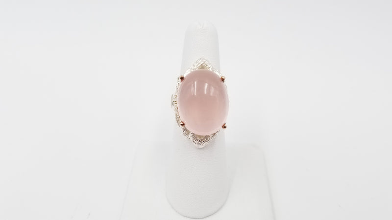 ROSE QUARTZ ( CABOCHON ) STERLING SILVER TWO TONE RING