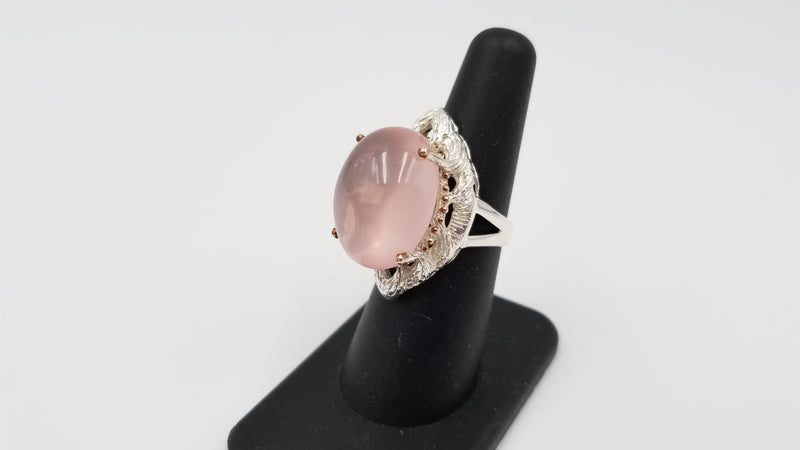 ROSE QUARTZ ( CABOCHON ) STERLING SILVER TWO TONE RING