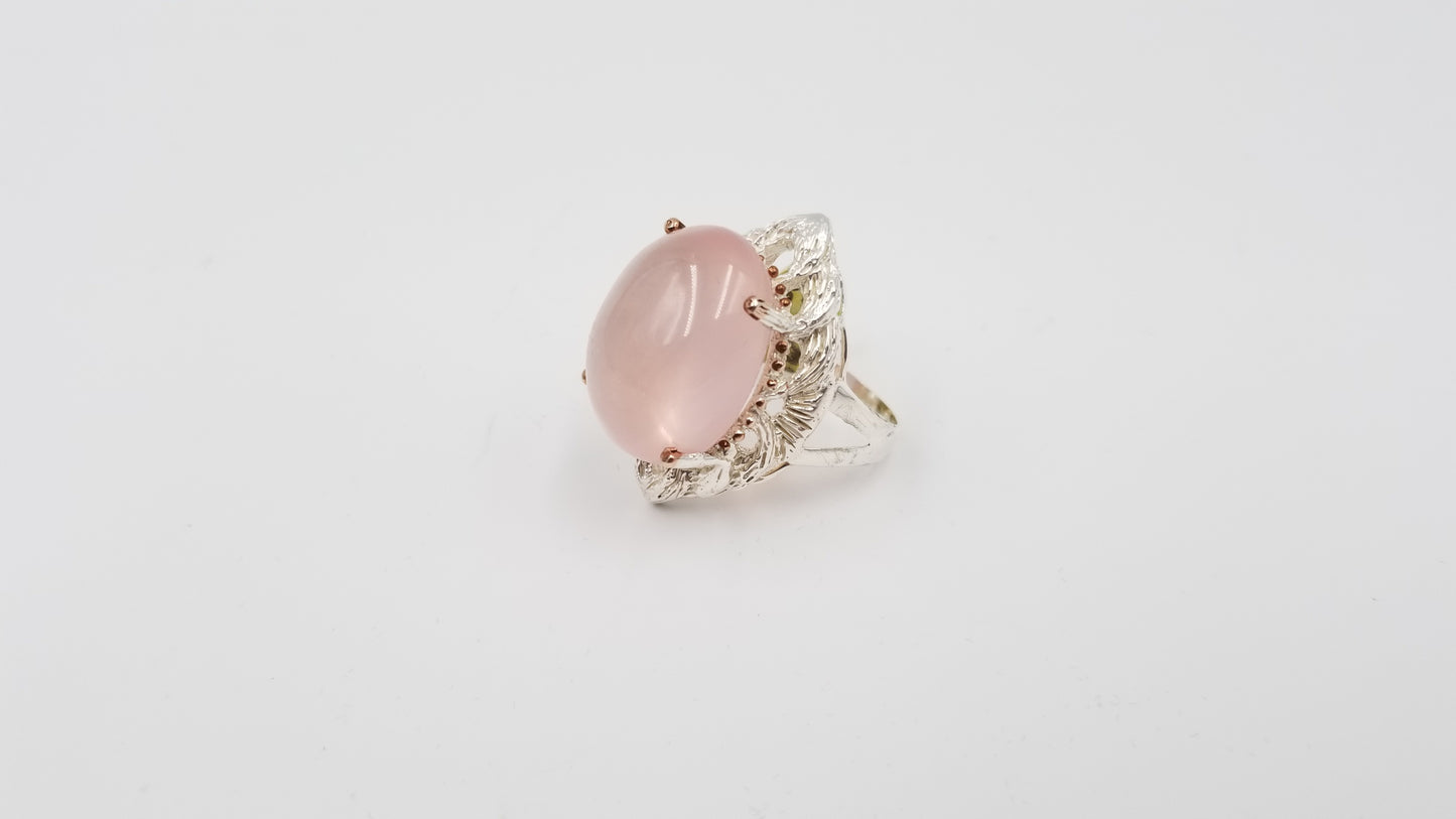 ROSE QUARTZ ( CABOCHON ) STERLING SILVER TWO TONE RING