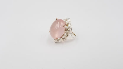 ROSE QUARTZ ( CABOCHON ) STERLING SILVER TWO TONE RING