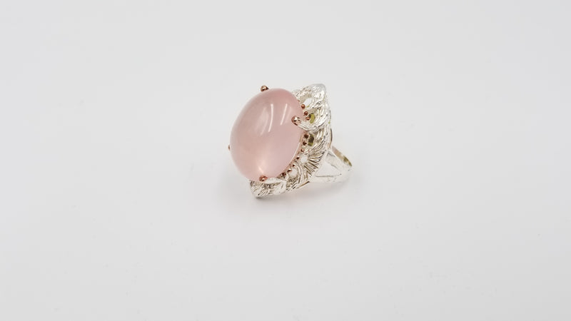 ROSE QUARTZ ( CABOCHON ) STERLING SILVER TWO TONE RING