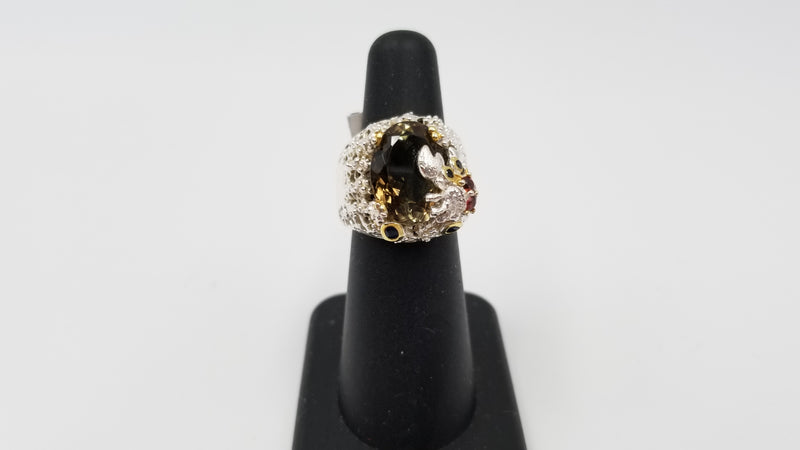 SMOKY QUARTZ W/ MULTI SAPPHIRES STERLING SILVER RING