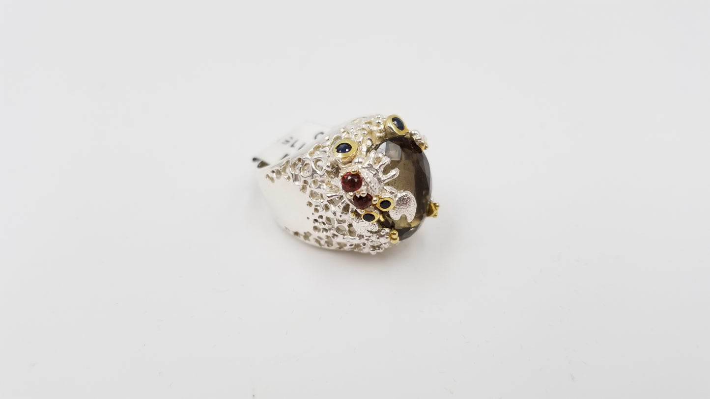 SMOKY QUARTZ W/ MULTI SAPPHIRES STERLING SILVER RING