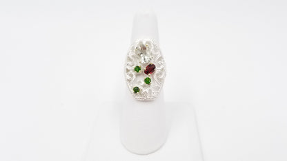 BLUE TOPAZ / GARNET / CHROME DIOPSIDE STERLING SILVER RING