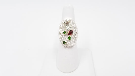 BLUE TOPAZ / GARNET / CHROME DIOPSIDE STERLING SILVER RING